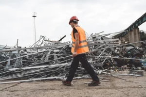 Person Walking in Front of Pile of Scrap Metal